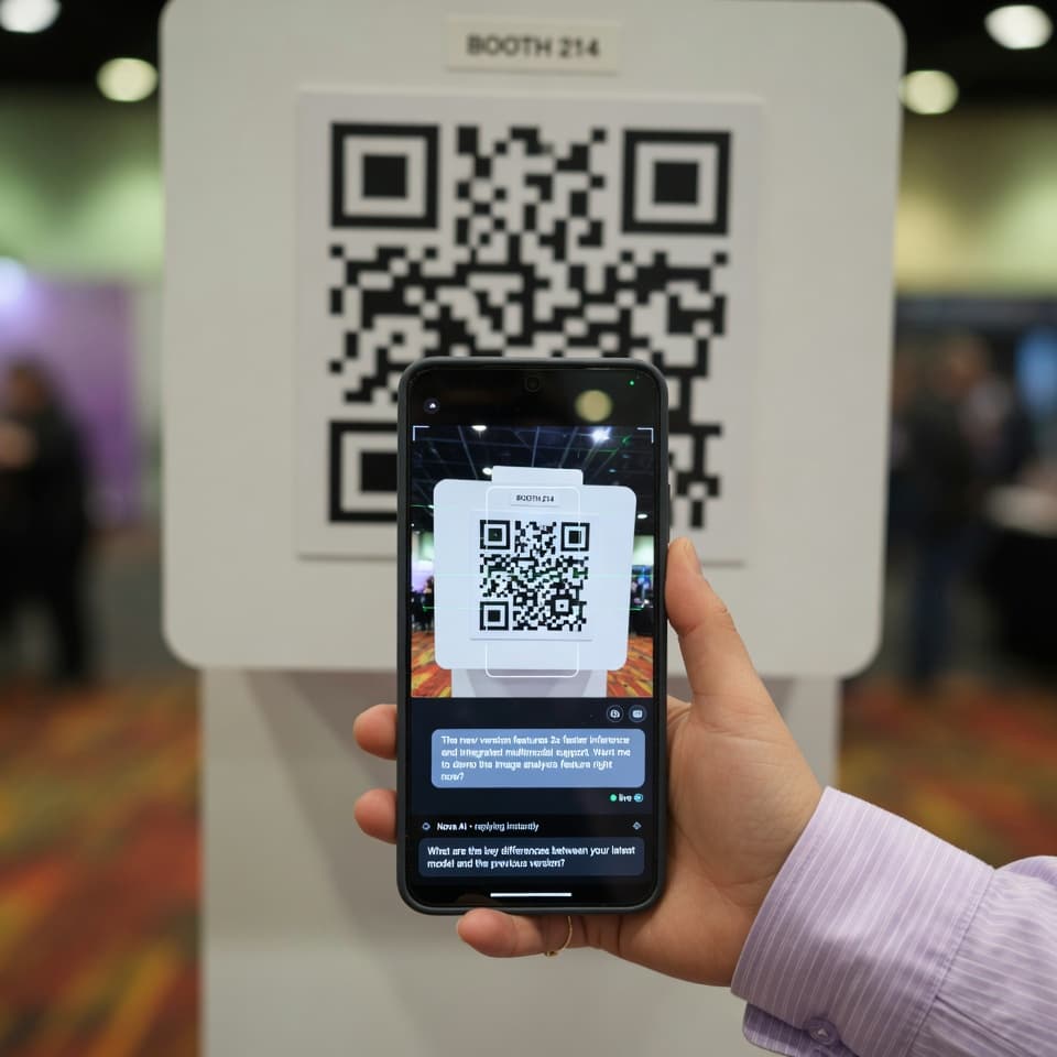 Attendee scanning an Askbud QR code at a trade show booth