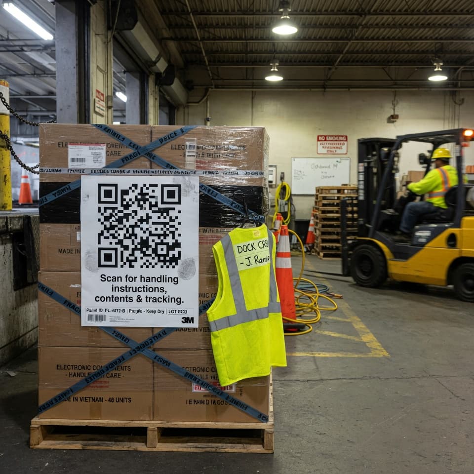Warehouse pallet with QR code